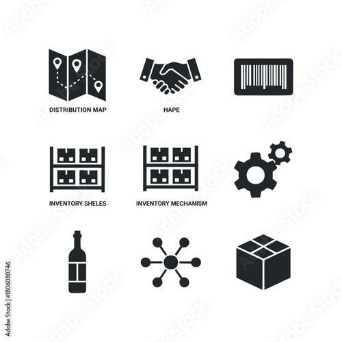 Collection of nine monochrome icons representing logistics and shipping concepts including a map, handshake, barcode, shelves, gears, bottle, network, and package