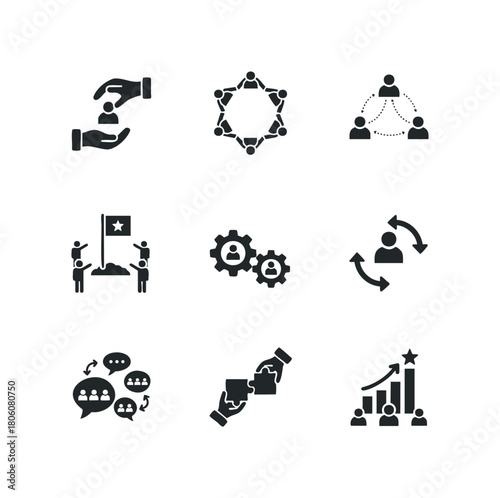 Collection of business and teamwork icons representing collaboration, success, communication, and problem solving
