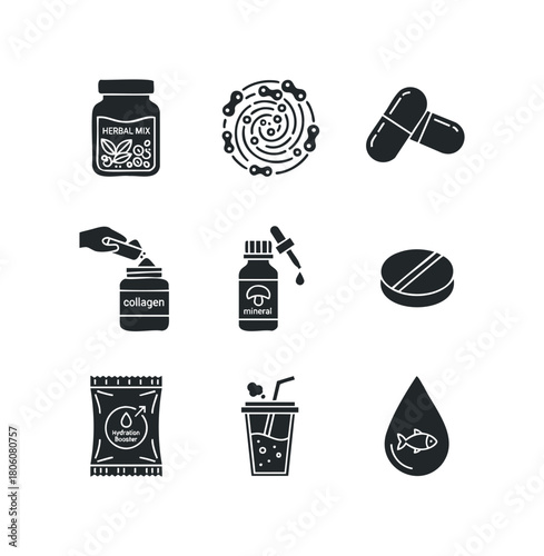 Collection of Silhouetted Health and Wellness Icons Featuring Supplements, Drinks, and Essential Nutrients