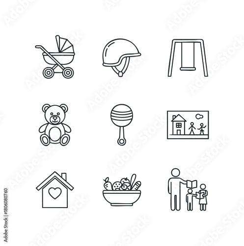 Collection of simple line drawings depicting infant care, playtime, and family life with a home and food symbols