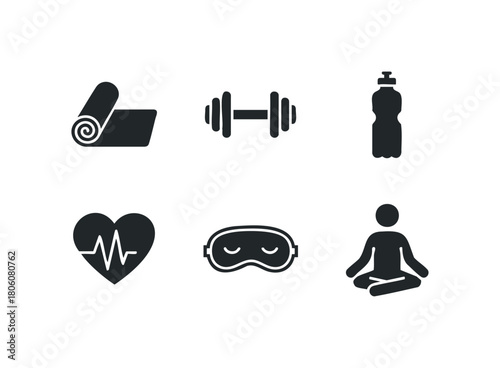 Set of six icons representing fitness, health, and relaxation including a yoga mat, dumbbell, water bottle, heartbeat, sleep mask, and meditating person
