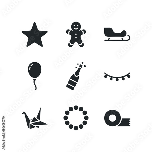 Set of Black Silhouette Icons for Celebration and Holidays Featuring Star, Gingerbread Man, Sleigh, Balloon, Champagne Bottle, Lights, Origami Crane, Garland, and Tape Dispenser on White Background