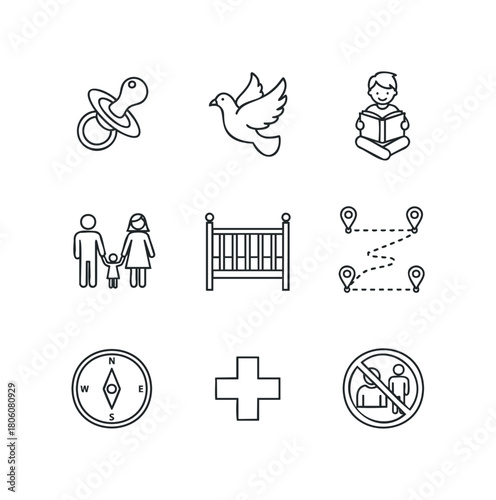 Set of simple line icons representing baby care, family, and travel navigation concepts for application use