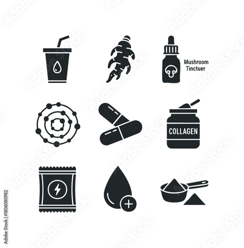 Collection of nine icons representing health and wellness products including a drink, ginger root, mushroom tincture, supplement capsules, collagen powder, energy sachet, and dropper with liquid