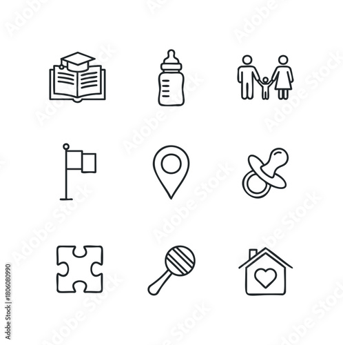 Collection of nine simple linear icons representing family, education, and baby care items.