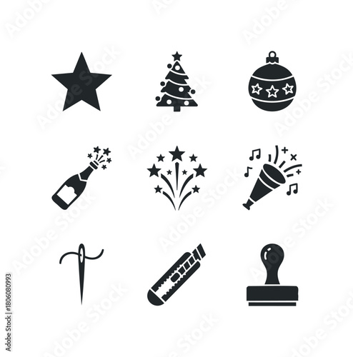 Collection of Nine Isolated Black Icons Representing Celebration, Craft, and Office Tools on a White Background