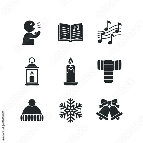 Set of nine black icons representing winter and holiday themes including singing, music, lantern, candle, scarf, beanie, snowflake, and bells