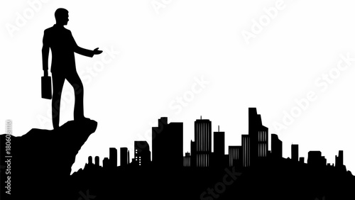 Dynamic businessman silhouette on a cliff overlooking a vibrant city skyline, ready to conquer the world