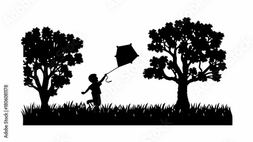 Joyful child flying kite among trees, carefree outdoor silhouette, summer fun and childhood games