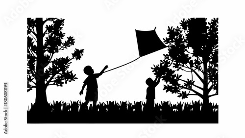 Silhouette of children joyfully playing with a kite outdoors among trees, embodying childhood fun