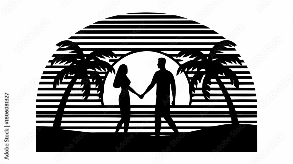 Fototapeta premium Romantic silhouette of couple holding hands on beach at sunset with palm trees and retro stripe design