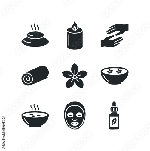 Collection of spa and wellness icons featuring hot stones, candle, massage hands, towel, flower, bowls, facial mask, and oil bottle.