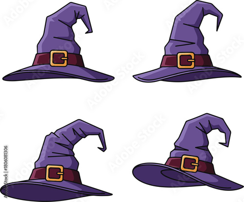 A set of four purple, pointy witch hat illustrations with a wide brim and a dark maroon belt with a gold buckle, viewed from different angles.