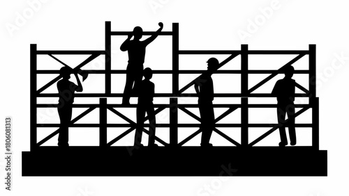 Dynamic silhouette of construction workers on scaffolding, a modern, scalable vector graphic for industry designs