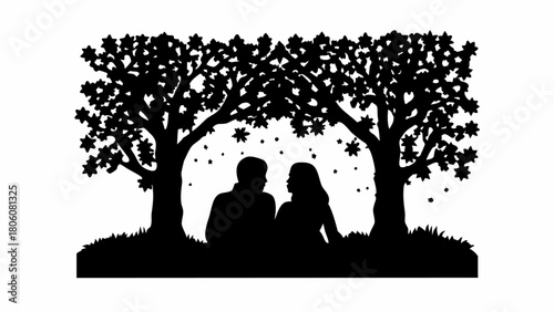 Romantic silhouette of couple beneath starlit trees, perfect for love themes and design elements