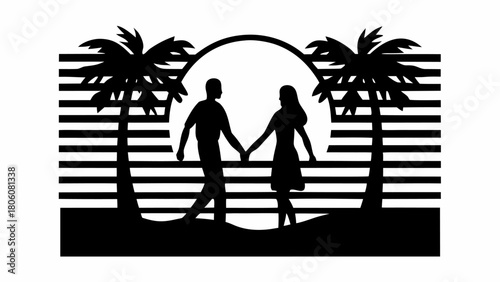 Romantic silhouette of couple holding hands on tropical beach at sunset for love themed designs