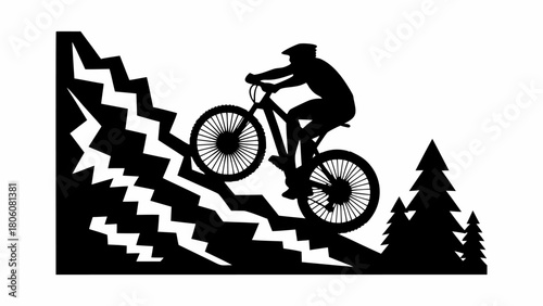 Mountain biker silhouette conquering challenging terrain with trees, perfect for outdoor adventure designs
