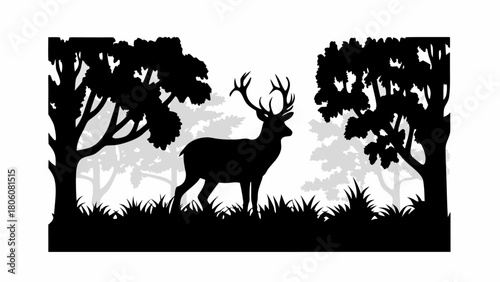 Majestic stag silhouette standing proud amongst trees in a forest landscape, nature scene wildlife art
