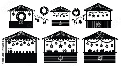 Collection of six festive christmas market stalls decorated with ornaments and garlands in silhouette style