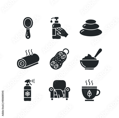 Collection of spa and wellness icons including massage stones, towel, lotion, and tea cup