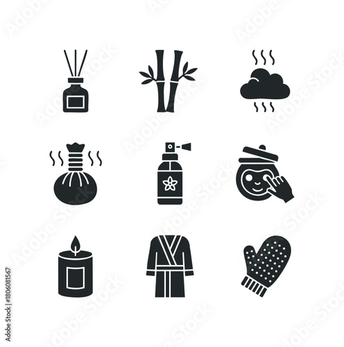 Collection of spa and wellness icons including essential oil diffuser, bamboo, steam, herbal compress, spray bottle, skincare jar, candle, bathrobe, and exfoliation mitt.