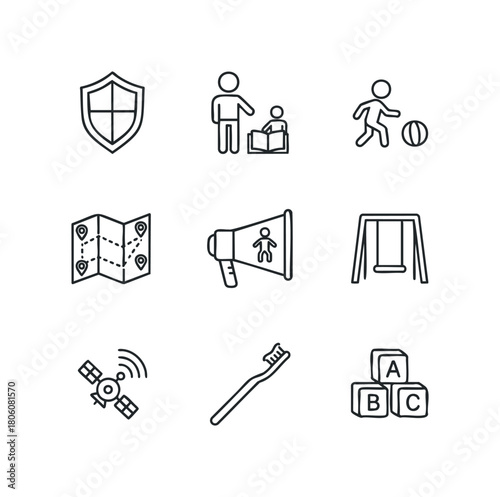 Collection of simple line icons representing safety, education, sports, travel, communication, recreation, technology, hygiene, and early learning concepts