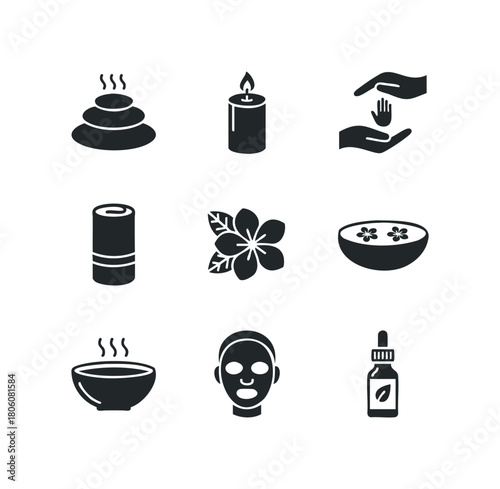 Collection of flat icons representing spa and wellness services like hot stone massage, aromatherapy candle, and facial care treatments