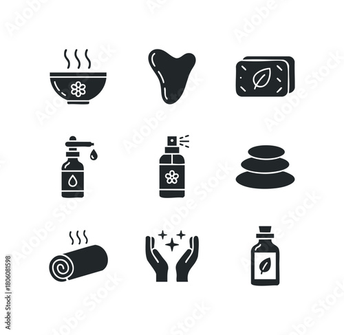Collection of spa and wellness icons including hot stones, essential oil bottles, hot towel, and massage tools