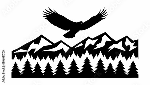 Majestic eagle soars above evergreen forest and mountain range, embodying freedom and nature's beauty