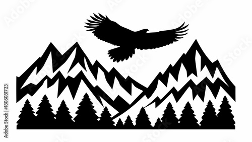 Majestic eagle soars above mountain peaks with evergreen forest below in graphic style art