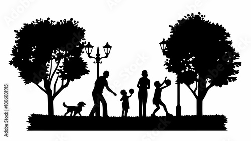 Silhouette family enjoys playtime with their dog in the park, beautiful vector illustration