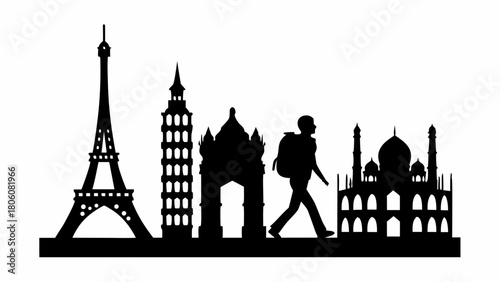 Global adventure awaits traveling the world seeing iconic landmarks in silhouette, travel the globe