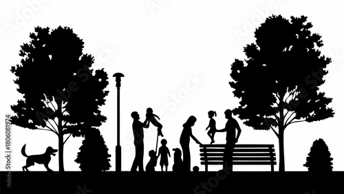 Silhouette family enjoying a day out at park with dogs, creating happy memories together outdoors