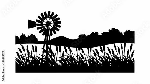 Serene rural scene with a vintage windmill amid fields, perfect for rustic designs and country themes