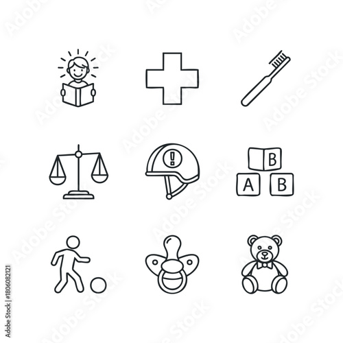 Set of nine simple outline icons representing education, healthcare, hygiene, justice, safety, learning, sports, and childhood items on a white background.