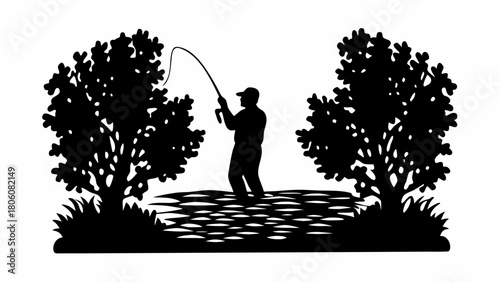 A captivating silhouette of a lone fisherman casting his line by tranquil waterside trees