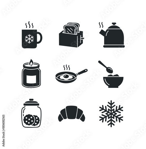 Set of isolated simple black icons for breakfast and winter themes representing a steaming mug, toaster with bread, kettle, candle, fried egg, bowl of cereal, cookie jar, croissant, and snowflake.