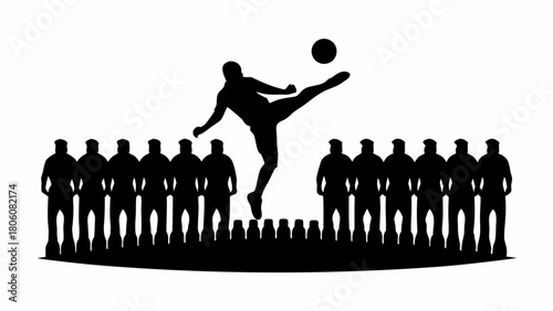 Dynamic football silhouette shows athlete kicking a ball over a crowd, vector art