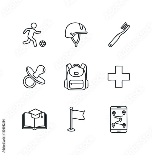 Set of nine simple line icons representing sports, safety, hygiene, baby care, travel, education, and navigation
