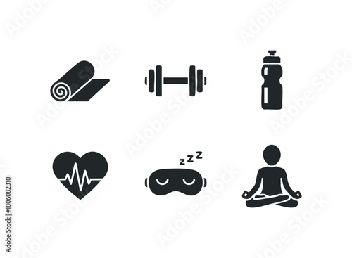 Set of simple graphic icons representing fitness, health, and rest activities including a rolled mat, dumbbell, water bottle, heartbeat, sleep mask, and meditating person.