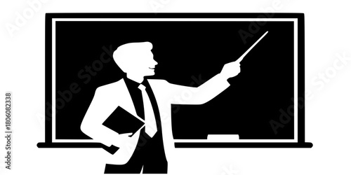 Teacher or Professor with Pointer and Blackboard, Education and Learning Silhouette Icon Vector