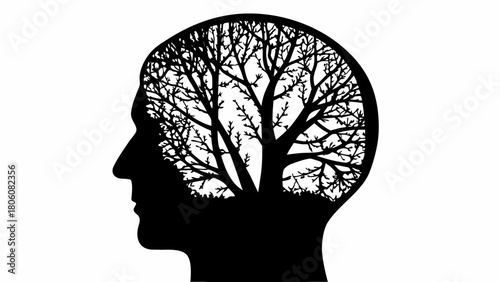 Intricate tree silhouette forming human head profile representing growth mindset and mental wellness concept