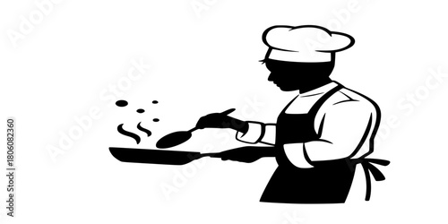 Chef Cooking Silhouette Logo, Restaurant, Culinary, Kitchen Professional with Frying Pan Vector