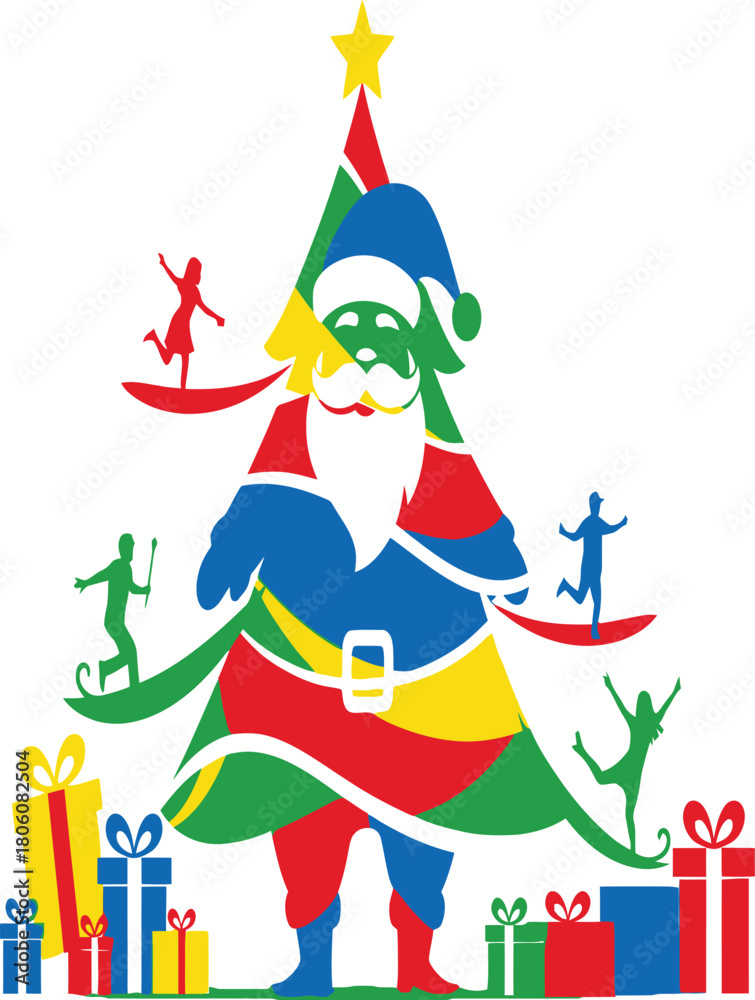 Naklejka premium Colorful christmas tree with santa claus and people surfing isolated on white background