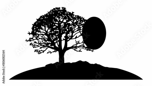 Dramatic silhouette of solitary tree on a hill beside mysterious dark moon, perfect for nature designs