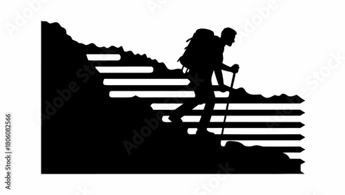Inspiring silhouette art of a hiker climbing a mountain with walking sticks and a backpack, adventure awaits