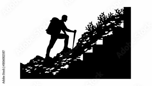Hiker silhouette conquering challenging mountain trail, vector journey to success and freedom