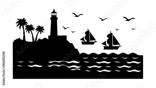Coastal scene with lighthouse, palm trees, sailing ships, and birds in a nautical silhouette graphic
