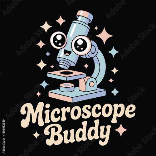 Charming microscope buddy illustration with kawaii eyes and sparkling stars on a black background, ideal for science lovers