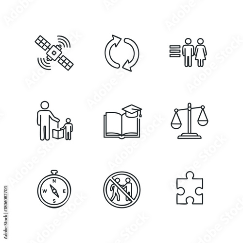 Set of stylized line art icons representing global communication education law social interaction navigation and problem solving concepts